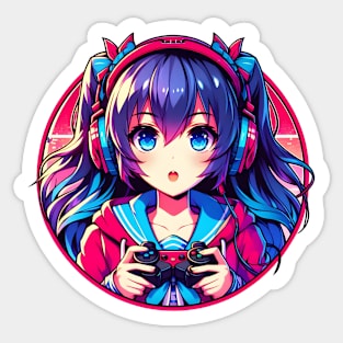 Blue eyes neon pink glow gamer girl Sticker